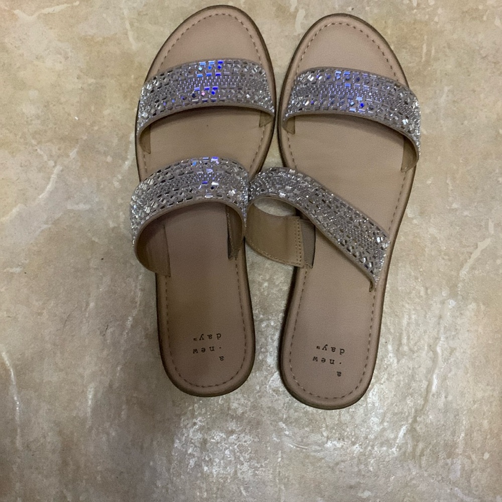 A New Day Tan and Silver Sandals w/Rhinestone Straps. Barely wore good condition
